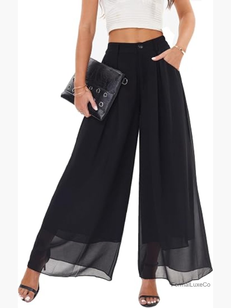 Wide Leg Palazzo Pants Flowy Chiffon High Rise Casual Dressy Trousers